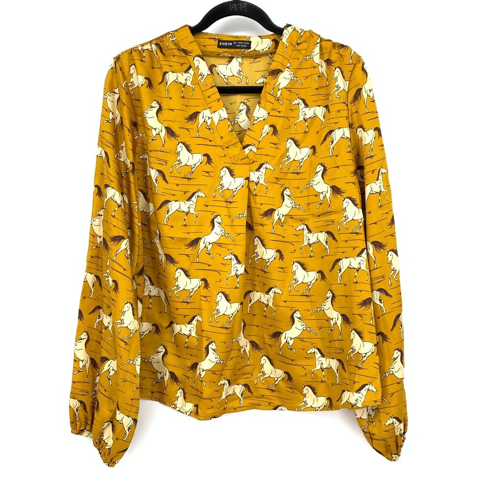 Shein Split Neck Blouse Womens Size Large Long Sleeve Gold Tan Horse Print
